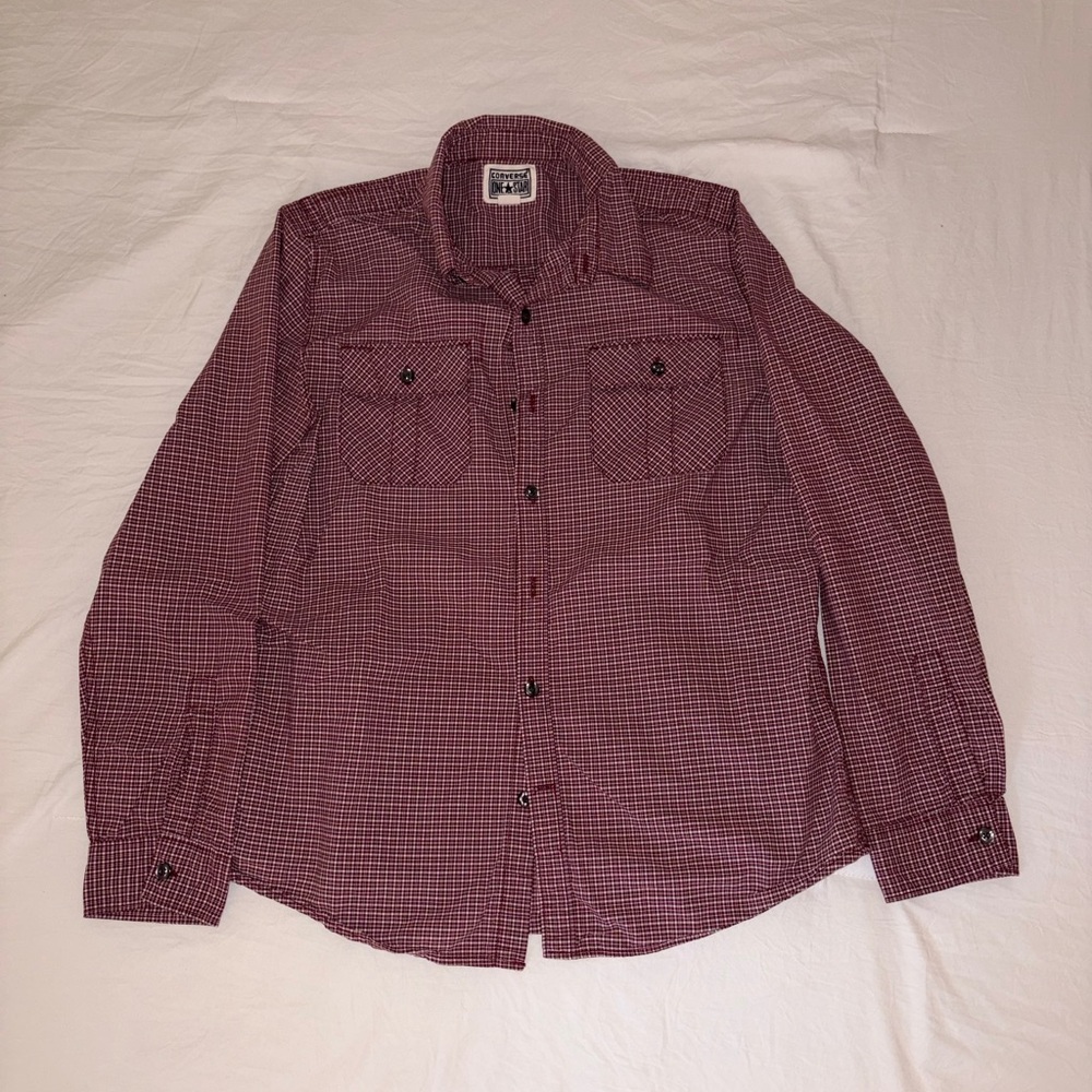 Converse Men's Burgundy Checkered Button Down Shirt